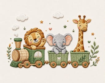 Safari Animal Train Embroidery Design, Lion Elephant Giraffe Train, Cute Baby Nursery Machine Embroidery Pattern, Jungle Animals