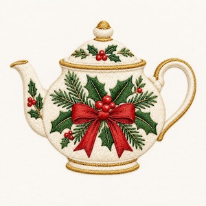 Op de afbeelding: Een geborduurd theepotontwerp met een crèmekleurige basis en gouden randen. De theepot is versierd met groene hulstbladeren, rode bessen en een opvallende rode strik in het midden. Het deksel is ook voorzien van hulst- en besaccenten.