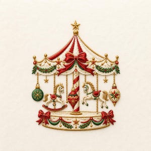 May include: An embroidered carousel design featuring two white horses, one on a rocker, decorated with red and green ornaments, gold stars, and festive bows. The structure is topped with a gold star and accented with red and green garlands.