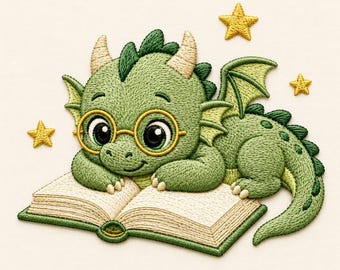 Leuke lezende draak borduurwerk ontwerpen, kawaii babydraak met boek machine borduurpatroon, boekenliefhebber Fantasy Stitch-bestand
