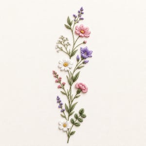 May include: A vertical embroidery design featuring a variety of wildflowers including pink, white, and purple blossoms with green leaves and stems. The detailed needlework displays a mix of daisy-like flowers, bell-shaped blooms, and small buds.