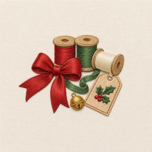 Könnte beinhalten: Ein Stickmotiv mit zwei hölzernen Garnrollen in Rot und Grün, einer weißen Garnrolle, einer großen roten Stoffschleife, einem kleinen goldenen Glöckchen und einem beigen rechteckigen Geschenkanhänger mit gesticktem Stechpalmenmotiv.