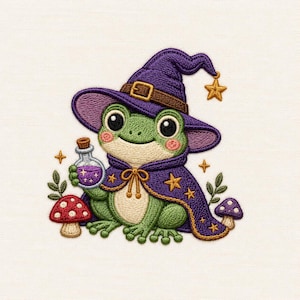 May include: An embroidered patch featuring a green frog wearing a purple wizard hat with a brown belt and a matching purple cape adorned with yellow stars. The frog holds a small glass bottle filled with purple liquid, flanked by two mushrooms.