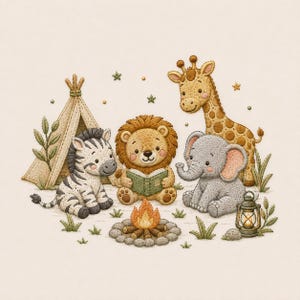 Peut inclure: Une illustration brodée représentant un zèbre, un lion lisant un livre, une girafe et un éléphant assis autour d'un feu de camp. Un tipi et une lanterne complètent la scène, agrémentée de petites étoiles et de points sur un fond clair.