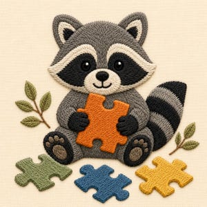 May include: An embroidered patch featuring a gray and white raccoon with a black mask, holding an orange puzzle piece. Additional puzzle pieces in green, blue, and yellow are scattered below, accompanied by two small green leaf sprigs on the sides.