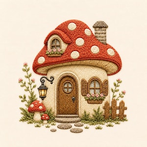 Pode incluir: Um bordado detalhado representando uma casa em forma de cogumelo com um chapéu vermelho de pontos brancos, uma porta arqueada castanha, uma chaminé e um candeeiro. A cena inclui pequenos cogumelos, folhagem verde e uma cerca de madeira.