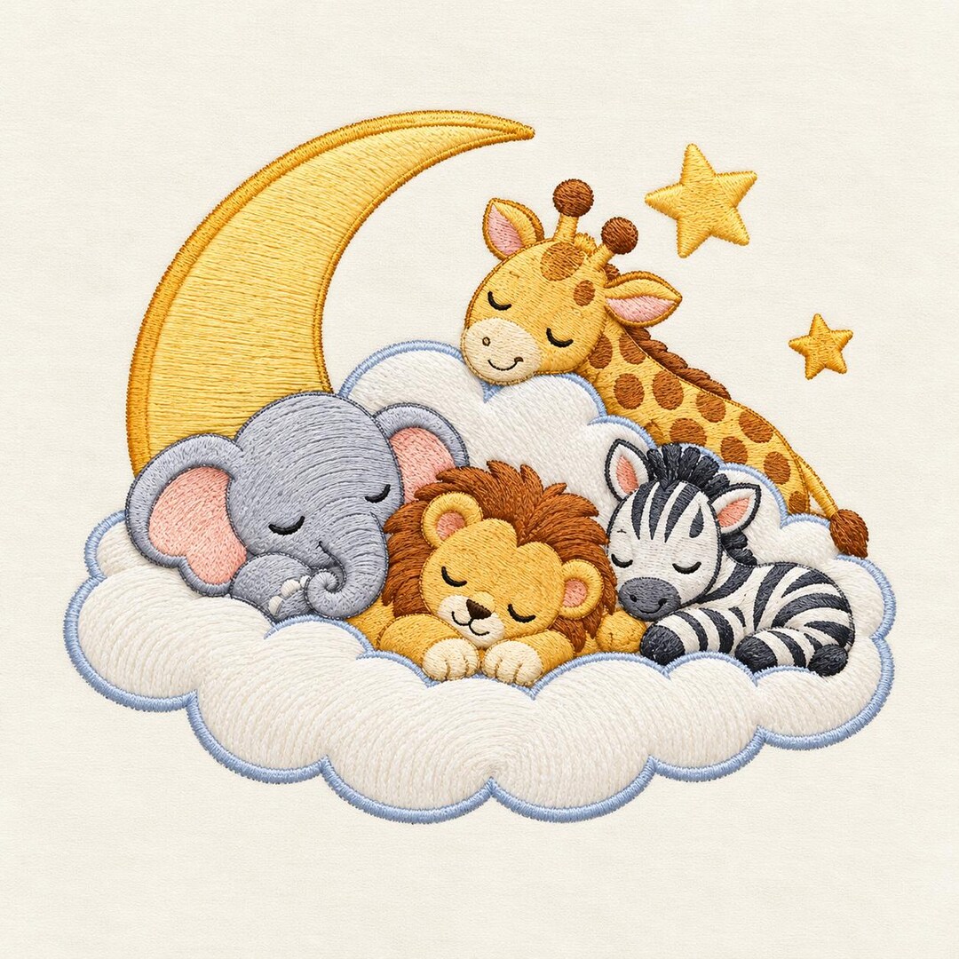 Sleeping Safari Animals Moon Embroidery Design, Cute Lion Elephant ...