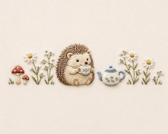 Cute Hedgehog Tea Time Embroidery Design, Hedgehog Teacup Embroidery File, Cottagecore Animal Machine Embroidery Pattern, Woodland Nursery