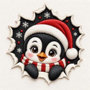 Motif de broderie machine Pingouin de Noël, Pingouin mignon avec bonnet de Père Noël et écharpe rayée, Broderie hivernale