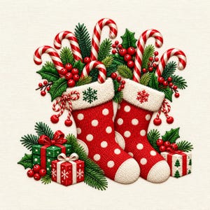 May include: Two red Christmas stockings with white polka dots and white cuffs, filled with candy canes, holly berries, and pine needles. Two gift boxes, one green and one red, sit at the base with pine branches and red berries.