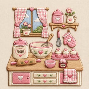Pink Cottage Kitchen Embroidery Design Bundle, Cute Baking Kitchen Embroidery Pattern, Vintage Kitchen Decor Machine Embroidery