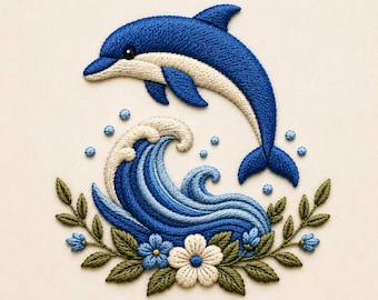 Könnte beinhalten: Ein gestickter Aufnäher mit einem blauen und cremefarbenen Delfin, der über eine stilisierte Meereswelle springt. Das Design umfasst kleine blaue Blasen, grüne Blätter sowie cremefarbene und blaue Blüten in einem Halbkreis an der Wellenbasis.