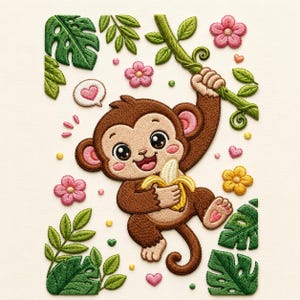 Puede incluir: Un parche bordado que muestra un mono marrón colgado de una enredadera verde mientras sostiene un plátano amarillo pelado. El diseño incluye flores rosas, hojas de monstera verdes, corazones pequeños y un globo de texto con un corazón rosa.