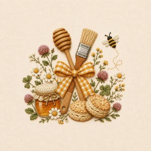 Op de afbeelding: Een borduurontwerp met een houten honingdrupstok en een bakkwast, samengebonden met een gele gingham strik. Daaronder staan een pot honing, twee ronde koekjes en een bij, omringd door geborduurde klaverbloemen en witte madeliefjes.