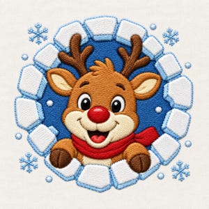 May include: An embroidered patch featuring a cartoon reindeer with brown fur, a bright red nose, and a red scarf. The reindeer is framed by a circular border of white ice blocks against a blue background, accented with light blue snowflakes.