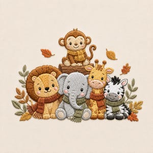 May include: An embroidered patch featuring a brown monkey sitting on a log above a lion, elephant, giraffe, and zebra. Each animal wears a knitted scarf. The scene is decorated with embroidered autumn leaves and foliage in shades of green and orange.