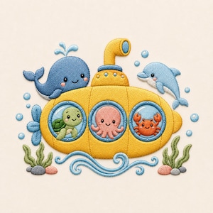 May include: An embroidered patch featuring a yellow submarine with three circular windows. Inside the windows are a green turtle, a pink octopus, and an orange crab. A blue whale and a light blue dolphin swim above, surrounded by blue bubbles.