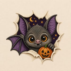 May include: An embroidered patch featuring a fluffy gray bat with large orange eyes and purple inner wings, emerging from a torn paper effect. The bat holds a small orange jack-o'-lantern against a dark purple night sky with a yellow crescent moon and stars.