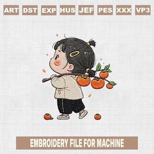 Cute Girl Persimmon Embroidery Design, Kawaii Autumn Girl Embroidery File, Fall Fruit Embroidery Pattern, Asian Style
