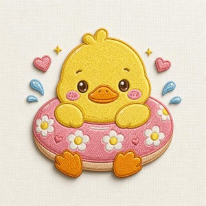 Joli motif de broderie flotteur canard, bébé canard kawaii dans un anneau de bain floral, motif de broderie de piscine d'été, décoration de chambre d'enfant