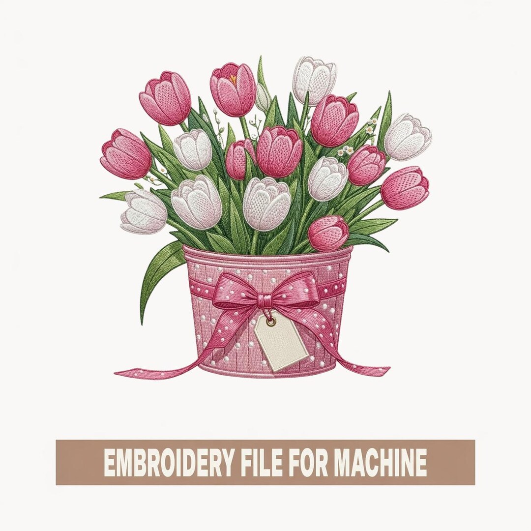 Tulip Bouquet Embroidery Design in Gift Box Pink Floral Arrangement ...