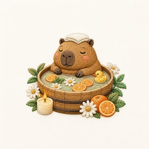 Disegno per ricamo di un capibara in una spa, file per ricamo a macchina di un simpatico orsetto alle terme, modello digitale per ricamo di un animale rilassante.
