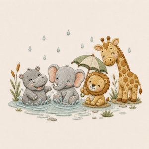 May include: An embroidery design featuring a grey hippopotamus and a grey elephant splashing in a puddle, a golden lion holding a green and white umbrella, and a tall brown and tan giraffe standing nearby, all under falling blue raindrops.