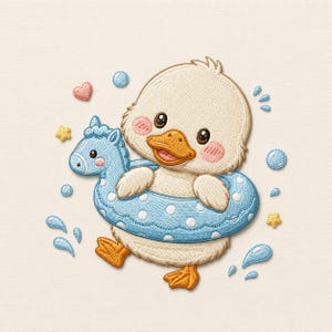 Puede incluir: Un parche bordado que muestra un patito de color crema con patas y pico naranja, dentro de un flotador azul claro con lunares blancos en forma de caballo. El diseño incluye pequeñas gotas de agua azules, un corazón rosa y estrellas amarillas.