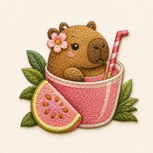 May include: An embroidered patch featuring a brown capybara sitting inside a pink cup filled with a pink beverage and a striped straw. A slice of watermelon is placed in front of the cup, surrounded by green leaves and a small pink flower.