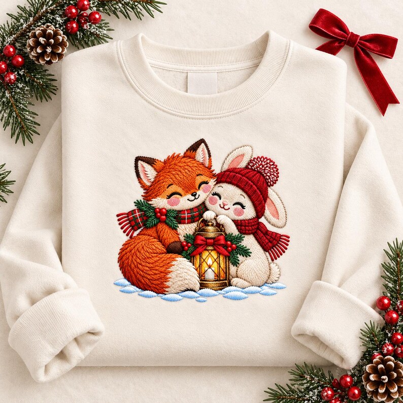 Winter Fox Bunny Lantern Embroidery Design, Woodland Friends With Plaid ...