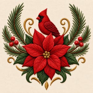 May include: An embroidery design featuring a bright red cardinal bird perched above a large, vibrant red poinsettia flower. The composition is framed by dark green pine branches, red berries, and decorative gold swirls on a cream fabric.