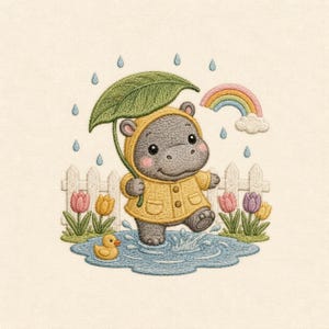 May include: An embroidery design featuring a gray hippo wearing a yellow raincoat, holding a large green leaf as an umbrella. The hippo stands in a blue puddle with a yellow rubber duck, surrounded by a white picket fence, tulips, and a rainbow.