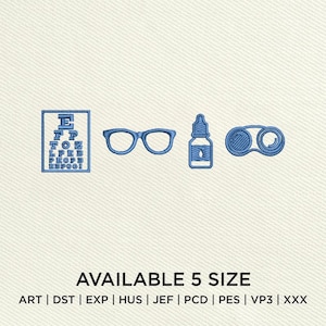 May include: Blue embroidered eye chart, glasses, eye drop bottle, and contact lens case. The text "AVAILABLE 5 SIZE" is below the images. The available sizes are listed below the text.