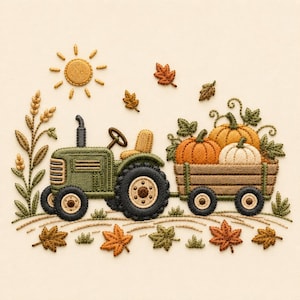 May include: An embroidery design featuring a green tractor pulling a wooden wagon filled with orange and white pumpkins. The scene includes a yellow sun, stalks of wheat, and scattered autumn leaves in shades of brown, orange, and green.
