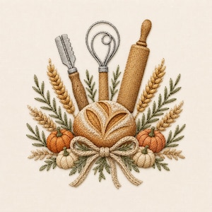 May include: An embroidery design featuring a central round loaf of bread tied with a beige bow, flanked by two orange pumpkins and two smaller white pumpkins. Above are a bread lame, a wire whisk, and a wooden rolling pin, all framed by wheat stalks.
