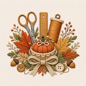 May include: An embroidered composition featuring a pumpkin-shaped pincushion with pins, a wooden ruler, a spool of thread, and metal scissors. The arrangement is surrounded by autumn leaves, acorns, and two buttons, all rendered in warm, earthy tones.