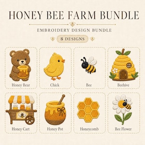 Pode incluir: Um conjunto de designs de bordado Honey Bee Farm Bundle com 8 ilustrações: um urso com um pote de mel, um pintinho amarelo, uma abelha, uma colmeia, um carrinho de mel, um pote de mel com colher, um favo de mel e uma abelha numa flor.