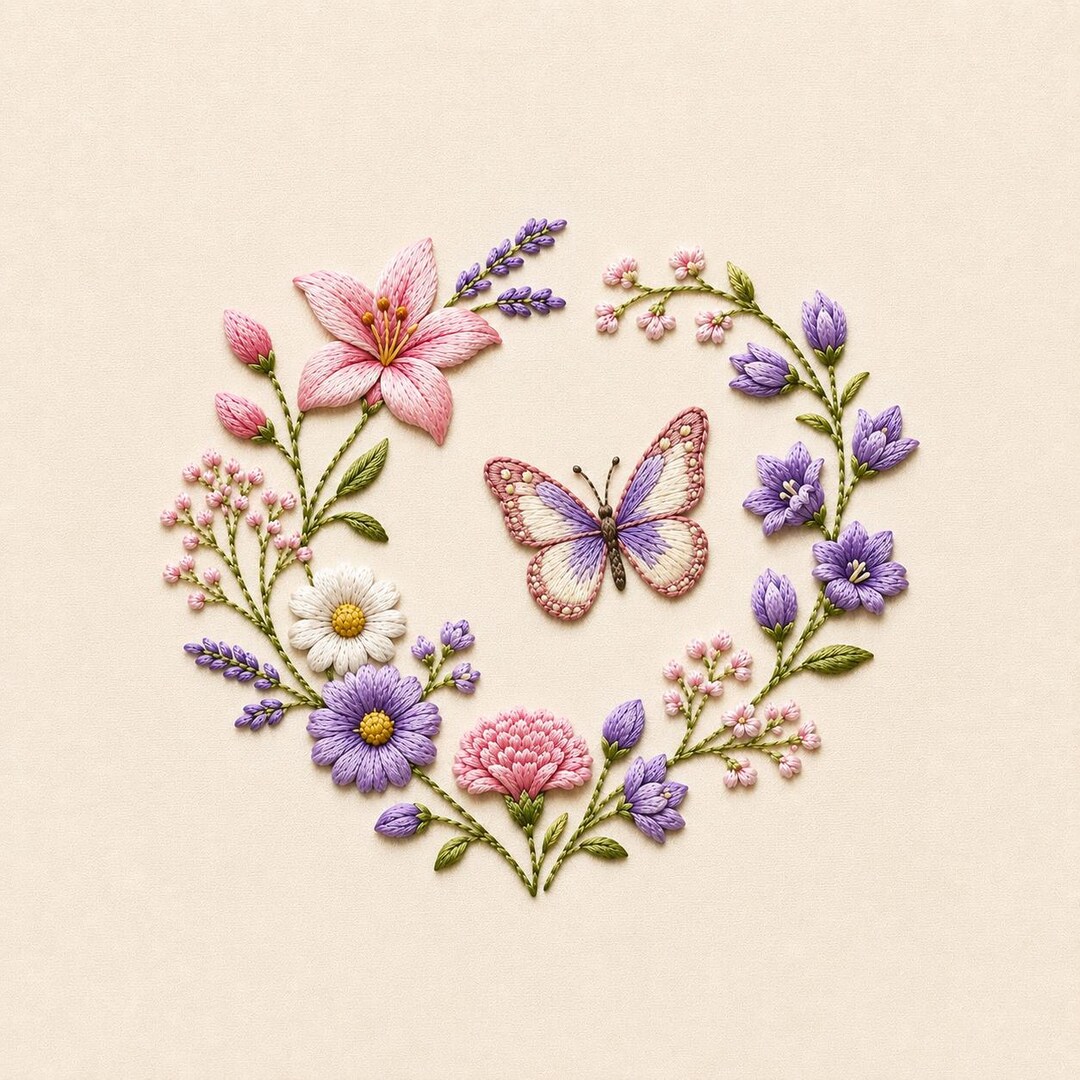 Butterfly Floral Heart Embroidery Design, Romantic Flower Wreath ...