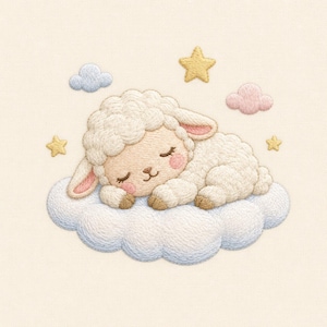 May include: An embroidery design featuring a cream-coloured lamb sleeping on a large, fluffy white cloud. The scene includes two yellow stars, one light blue cloud, and one light pink cloud, all rendered with detailed stitching on a cream fabric.
