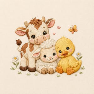 Può includere: Un ricamo raffigurante un vitello marrone e bianco, un agnello color crema e un anatroccolo giallo seduti insieme. La scena include piccole margherite ricamate, una farfalla e due minuscoli cuori rosa su uno sfondo in tessuto beige chiaro.