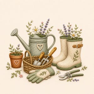 May include: An embroidered illustration of gardening supplies including a sage green watering can with a heart, a brown woven basket with tools, cream-colored rubber boots with buckles, a pair of gloves, pruners, and a terracotta pot with flowers.