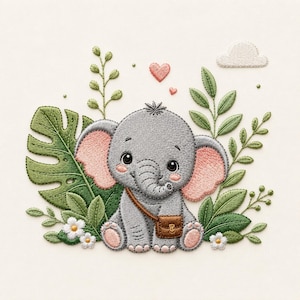 May include: An embroidery design featuring a gray elephant with pink ears and cheeks, wearing a brown satchel. The elephant is surrounded by green tropical leaves, small white flowers, two pink hearts, and a single white cloud on a cream background.