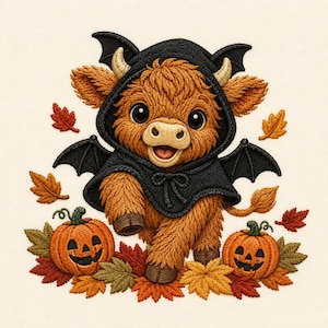 May include: An embroidered design featuring a fluffy brown Highland calf wearing a black hooded cape with bat wings. The calf has small horns and is surrounded by two orange jack-o'-lantern pumpkins and scattered autumn leaves in red, orange, and gold.