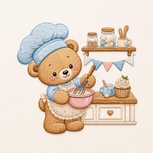 May include: An embroidered patch featuring a brown teddy bear wearing a blue chef hat and apron, whisking batter in a pink bowl. The scene includes a kitchen counter with a cupcake, a blue pitcher, a shelf with jars, and a decorative bunting banner.