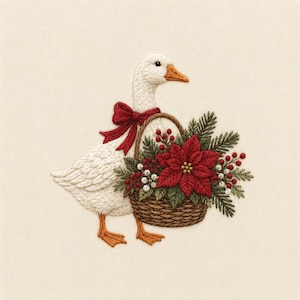 May include: An embroidery design of a white goose with an orange beak and feet, wearing a red ribbon bow around its neck. The goose carries a brown woven basket filled with green pine branches, red poinsettia flowers, and small red berries.