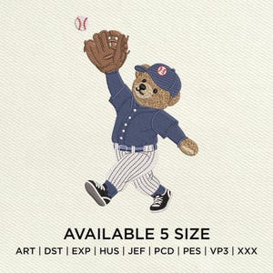 May include: An embroidered design of a teddy bear in a baseball uniform, catching a baseball. The bear wears a blue cap and uniform with white pinstripe pants. The text "AVAILABLE 5 SIZE" is at the bottom.