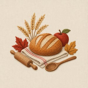 May include: An embroidery design featuring a golden brown loaf of bread on a folded white cloth with red stripes, accompanied by a wooden rolling pin, a wooden spoon, stalks of wheat, a red apple, and two autumn leaves in red and gold.