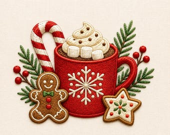 Christmas Hot Cocoa Embroidery Design, Gingerbread Candy Cane Mug, Cozy Holiday Machine Embroidery File