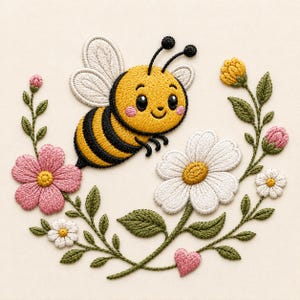 Cute Bee Embroidery Design, Bumble Bee Floral Embroidery File, Spring Bee Machine Embroidery Pattern, Daisy Flower Decor