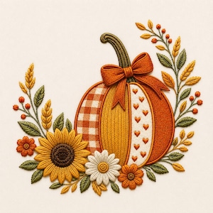 Borduurpatroon voor een pompoen en zonnebloem in herfstthema, hoge patchworkpompoen met strik en herfstbloemen. Borduurbestand voor de borduurmachine.